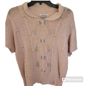 Vintage The Villager Pink Floral Hand Knit Sweater Size Marge